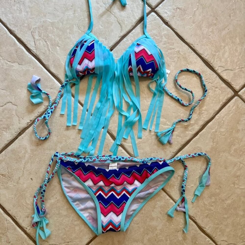 Teal Bikini with Fringe - New, Small